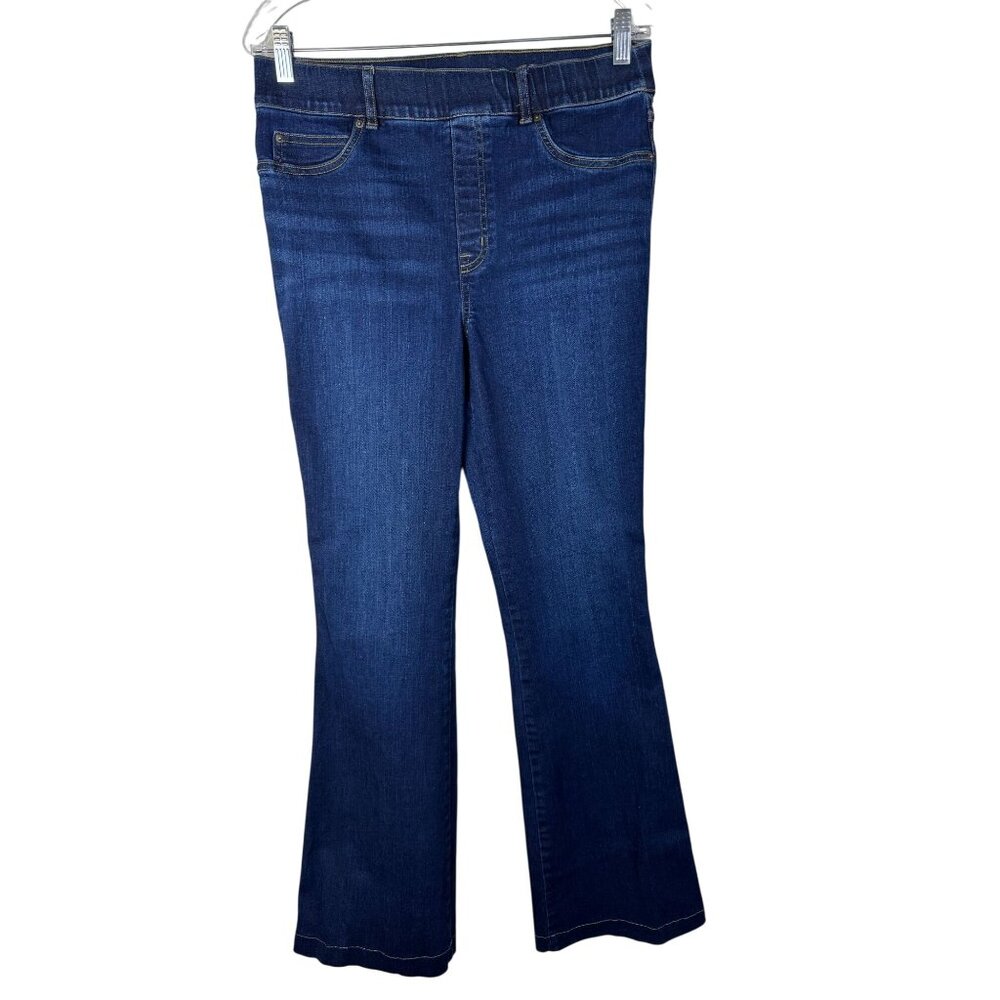 Spanx High Rise Pull On Stretch Flare Jeans‎ Women Size Large Blue 33.5" Inseam